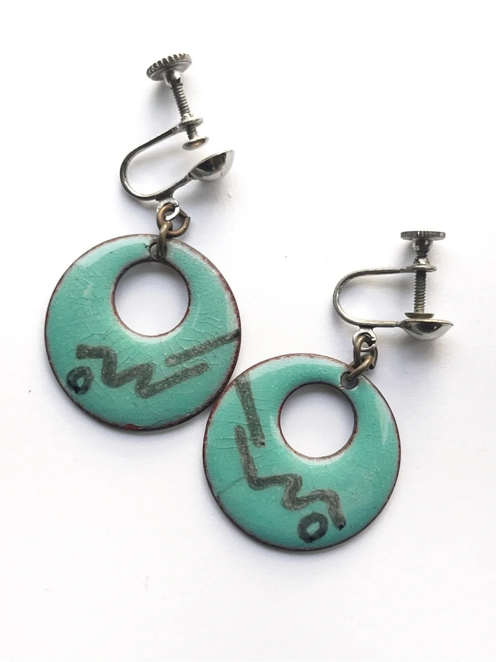 Vintage Earrings Turquoise Enamel Copper Squiggly Gray/Aqua Round Dangle Hoop